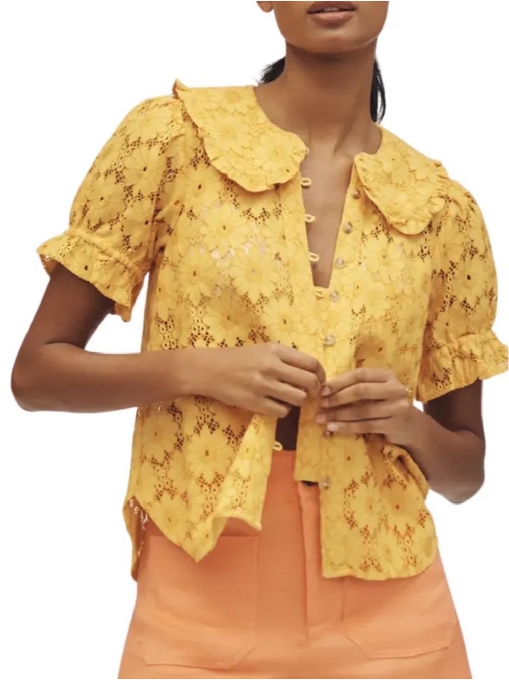 Anthropologie Pilcro Keira Lace Cottagecore Yellow Blouse Size Small
